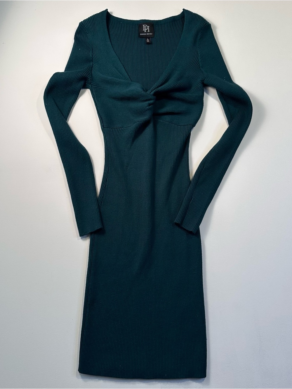 Daniel Rainn Dark Teal Ribbed Twist-Front Long Sleeve Dress